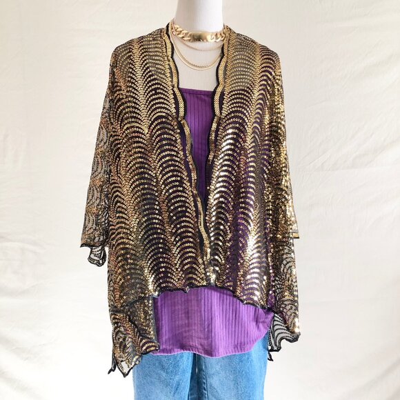 Bijorca Gold Sequin Short Kimono Scallop Wave Pattern Size OS - Picture 5 of 10